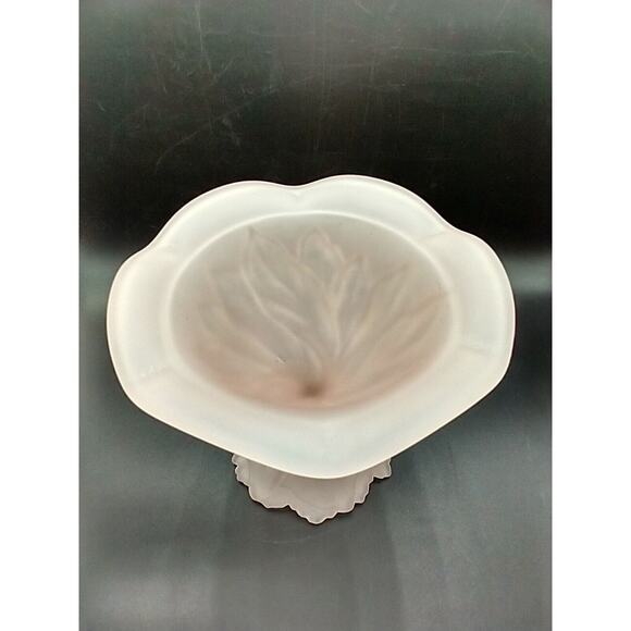 Vintage Imperial Lenox Pink Satin Frosted Glass Leaf Pedestal Candy Dish Marked - Picture 8 of 12